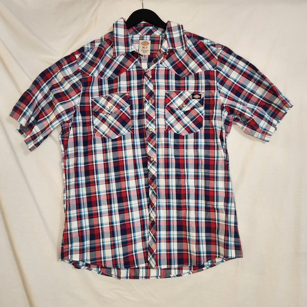Dickies Big & Tall Short Sleeve Button Up Red White & Blue Plaid M:XLT (XL Tall)